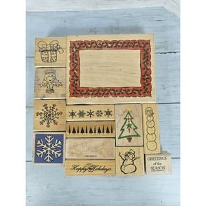 Vintage Wood Rubber Stamp Lot Holiday Christmas Stampabilities VAP! scrap craft